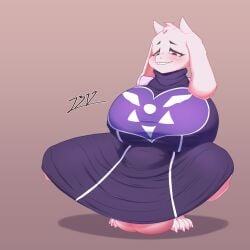 1:1 1futa 2024 absurd_res animal_humanoid anthro balls big_balls big_breasts blush boss_monster_(undertale) bovid breasts clothed clothing fur futanari genitals gynomorph hi_res horn huge_balls huge_breasts humanoid i3i2455_ivi394 intersex mammal smile solo spread_legs spreading teeth toriel undertale_(series) white_body white_fur