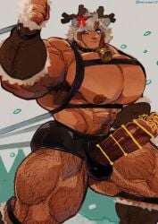 animal_ears antlers balls bara big_balls big_muscles big_penis blush boner christmas erection harness male male_only marototori muscles muscular penis penis_out solo solo_male