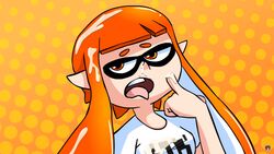 anthro breasts bukkake cephalopod cephalopod_humanoid clothed color cum domino_mask female female_only humanoid inkling inkling_girl kaori_(splatoon) long_hair mask mask_(marking) medium_breasts nintendo open_mouth orange orange_background orange_eyes orange_hair orange_inkling_girl orange_theme pointy_ears solo splatoon squid sr_pelo standing tentacle tentacle_hair twintails uncensored