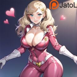 ai_generated ann_takamaki big_breasts blonde_hair blush breasts breasts_bigger_than_head cosplay costume jatol persona persona_3 persona_5 pink_latex thigh_gap wide_hips yukari_takeba_(cosplay)