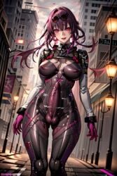 ai_generated big_balls big_breasts breasts breasts_through_clothes bulge bulge_through_clothing futanari futanari huge_breasts huge_cock huge_cock kafka_(honkai:_star_rail) nouserid123 penis_bulge penis_under_clothes purple_hair skinsuit