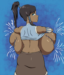 1girls avatar_legends back black_hair blue_eyes bosomancer bouncing_breasts breasts clothing dark-skinned_female dark_skin female gigantic_breasts hair_ornament hair_up huge_breasts korra lactation large_breasts looking_back milk milk_spray ponytail shirt shirt_lift solo solo_female straight_hair the_avatar the_legend_of_korra undressing water_tribe