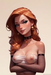 ai_generated anna_(frozen) arms_crossed arms_crossed_under_breasts blue_eyes blushing exposed_breasts fishnets freckles frozen_(film) ginger_hair looking_at_viewer midcafe_(artist) necklace nipples red_hair see-through_clothing see-through_top small_breasts tagme tied_hair white_top