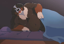 anthro arufina_w bed bedding belly bernese_mountain_dog blanket canid canine canis domestic_dog furniture inviting male mammal molosser mountain_dog navel nude one_eye_closed overweight overweight_anthro overweight_male solo swiss_mountain_dog wink