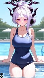 ai_generated blue_archive blush cleavage gumi_arts hair_bun halo hina_(blue_archive) horn in_water large_breasts long_hair looking_at_viewer mature_female open_mouth poolside purple_eyes school_swimsuit stable_diffusion thick_thighs water wet white_hair