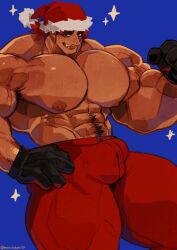 balls bara big_balls big_muscles big_penis blush bulge christmas flaccid gloves male male_only marototori muscles muscular penis santa_hat shirtless solo solo_male