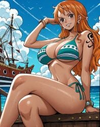 1girls ai_generated bare_arms bare_legs bare_shoulders bare_thighs big_breasts bikini bikini_bottom bikini_top blush clothed clothing color female female_focus female_only hi_res large_breasts light-skinned_female light_skin long_hair looking_at_viewer nami nami_(one_piece) one_piece orange_eyes orange_hair post-timeskip shounen_jump solo solo_female tagme thick_thighs water wet yashin