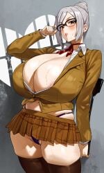 1girls big_breasts bimbo breasts brown_eyes cleavage eyewear feipin_zhanshi female female_only glasses grey_hair hair hair_bun huge_breasts large_breasts legwear lips mature mature_female mature_woman miniskirt neckwear prison_school purple_thong shiraki_meiko skimpy skimpy_clothes skirt slutty_outfit solo solo_female sweat sweatdrop thick_thighs thighhighs thighs thong