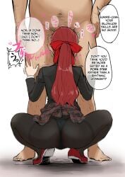 akizora blowjob clothed_female crouching crouching_female english english_text facing_away giving_head hairy_pussy hand_on_leg kasumi_yoshizawa leggings mouth_full mouth_full_of_cock nude_male oral panties panties_visible_through_clothing pantyhose persona persona_5 ponytail pubic_hair red_hair school_uniform schoolgirl shoes size_difference skirt skirt_lift skirt_up spread_legs squatting sucking sucking_penis sumire_yoshizawa text tiptoes translated unshaved_pussy