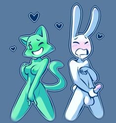 anthro balls blush breasts duel_masturbation duo feline female group_masturbation heart lagomorph linda_(nekuzx) male mammal masturbation nekuzx nipples nude original original_character original_characters penile_masturbation penis rabbit shun_(nekuzx) vaginal_masturbation vaginal_penetration