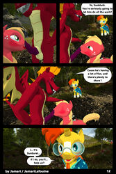 2017 3d anthro balls big_macintosh_(mlp) blush clothing comic dragon erection fellatio forest friendship_is_magic garble_(mlp) jamari male membranous_wings my_little_pony oral penis precum scales scalie sex smile smirk standing text tongue tree wings yaoi