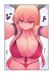 1girls angry annoyed armpits bikini blonde_hair breasts_bigger_than_head cleavage cool-kyou_shinja cowboy_shot death_stare dragon_humanoid female front_view horns huge_breasts long_hair looking_at_viewer miss_kobayashi's_dragon_maid nipple_bulge solo swimsuit tohru_(dragon_maid) twintails wide_hips