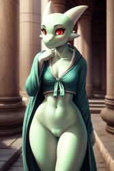 1girls 2024 ai_generated anthro blushing bottomless bottomless_female curvy_female curvy_figure female female_only green_clothing hood_down horns innie_pussy kobold looking_at_viewer mint_body pussy red_eyes reptile scalie temple walking_towards_viewer