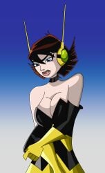 1girls avengers big_breasts biting_lip blue_eyes brown_hair female female_only gloves janet_van_dyne large_breasts lip_bite looking_at_viewer marvel marvel_comics revealing_breasts short_hair solo solo_female superhero_costume superheroine the_avengers:_earth's_mightiest_heroes undressing undressing_self wasp_(earth's_mightiest_heroes) wasp_(marvel) webart20 wide_hips yellow_gloves