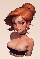 ai_generated anna_(frozen) blue_eyes blushing exposed_breasts fishnets freckles frozen_(film) ginger_hair looking_at_viewer midcafe_(artist) necklace nipples red_hair small_breasts tagme tied_hair