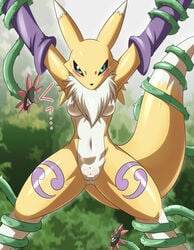 anthro armwear blossomon blue_eyes blush bondage bound breasts bridal_gauntlets censored clothing digimon facial_markings female heigako japanese_text looking_at_viewer markings navel neck_tuft nipples pussy renamon spreading suspension sweat text tuft vines