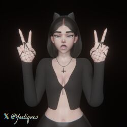 3d female female_only fishnets french_tip goth green_eyes kiriko_(overwatch) kiriko_kamori necklace overwatch overwatch_2 peace_sign piercings rings skinny small_breasts tongue tongue_out upside_down_cross yeetiques