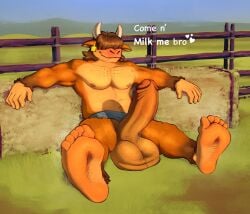 5_toes anthro balls big_balls big_penis bovid bovine cattle clothing clothing_aside dialogue english_text erection farm feet foot_focus genitals hay heart_symbol hi_res humanoid_feet humanoid_genitalia humanoid_penis male mammal nipples ouro_(artist) penis plantigrade sitting solo text toes underwear underwear_aside