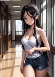 1girls 2d ai_generated athletic athletic_female bare_shoulders belly black_hair blue_eyes chest cleavage curvy curvy_figure cute cute_face denim_shorts detailed eyelashes eyeshadow female female_only fit fit_female focus high_quality hime_cut k-on! legs light-skinned_female light_skin lips lipstick long_hair looking_at_viewer makeup mascara mature medium_breasts midriff mio_akiyama_(k-on!) naked navel nero100 pale-skinned_female pale_skin petite petite_body posing seductive seductive_look shorts skin_tight stable_diffusion tagme tank_top thighs young younger_female