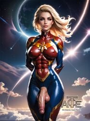 1futa abs ai_generated balls big_balls big_breasts blonde_hair blue_eyes breasts captain_marvel carol_danvers curvy dickgirl flaccid flaccid_penis futa_only futa_sans_pussy futanari huge_cock looking_at_viewer marvel marvel_comics nsfw penis penis_out perfect_body ready_to_fuck small_waist smile solo taceee testicles