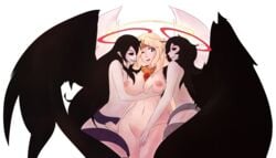 3girls angel angel_wings black_hair black_sclera blonde_hair blue_eyes breast_grab critnuke drool ilias incest lucifina_(mon-musu_quest!) micaela_(mon-musu_quest!) mon-musu_quest! monster_girl monster_girl_quest mother_and_daughter multiple_girls red_eyes sharp_teeth wings yuri