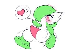 anthro breasts female gardevoir generation_3_pokemon green_hair hair heart_symbol hi_res ilovefuud nintendo opening_jacket pink_eyes pokemon pokemon_(species) puppysnackz question_mark short_hair sillysmugz solo white_body