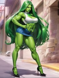 ai_generated big_breasts breasts green_hair green_skin high_heels long_hair marvel marvel_comics muscles muscular muscular_arms muscular_female muscular_legs she-hulk short_skirt superheroine superheroinecomixxx