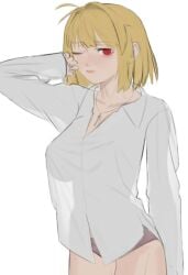 arcueid_brunestud blonde_hair breasts curvy half_asleep half_dressed huge_breasts large_breasts leo. looking_at_viewer loose_clothes panties pink_underwear red_eyes shirt silhouette silhouetted_body top_heavy tsukihime underwear vampire vampire_girl woken_up