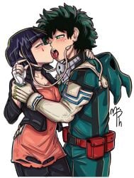 1boy 1girls blushing_at_each_other boku_no_hero_academia clothed clothing eye_contact female french_kiss french_kissing hand_on_wrist hero_outfit_(mha) holding_partner izuku_midoriya kissing kyoka_jiro male mr_pheromone my_hero_academia passionate tongue_kiss tongue_touching_another's_tongue tongues_touching