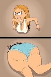 angry big_ass big_breasts big_butt blonde_hair bracelets huge_ass huge_butt jean_shorts julia_(tdi) necklace purple_eyes rougethedaisy solo solo_female struggling stuck stuck_in_wall tank_top thick_thighs through_wall total_drama_island wide_hips