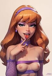 1girls ai_generated bedroom_eyes breasts daphne_blake female female_only finger_on_face finger_on_tongue midcafe_(artist) scooby-doo solo solo_female tagme voluptuous voluptuous_female