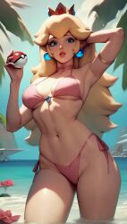 1girls ai ai_generated arm_behind_head armpit beach bikini blonde_hair blue_eyes breasts crossover crown earrings female female_only gamefreak long_hair mario_(series) nintendo outdoors pink_bikini pokeball pokemon princess princess_peach side-tie_bikini solo standing swimsuit thighs