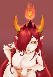 ass_visible_through_thighs breasts fangs female fire hair_over_one_eye hand_on_hip heart hekapoo horns long_hair looking_at_viewer monster_girl nipples nude open_mouth pointy_ears pussy red_hair solo spikes star_vs_the_forces_of_evil tiara tofuchenco very_long_hair white_skin yellow_eyes yellow_sclera