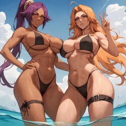 2girls abs ahoge ai_generated alex-schura arm_around_waist bangs bare_shoulders bikini black_bikini black_hair black_hair_bottom black_swimsuit bleach bleach:_the_thousand-year_blood_war blonde_hair blue_eyes blue_sky blush breast_press breasts clavicle cleavage closed_mouth clothing cloud completely_nude cowboy_shot curvaceous curvaceous_female curvaceous_figure dark-skinned_female dark_skin day domination female hand_on_hip highleg highleg_bikini huge_breasts large_breasts light-skinned_female light_hair_on_dark_hair long_hair looking_at_viewer matsumoto_rangiku mole mole_under_mouth multiple_girls navel ocean orange_hair outdoors parted_lips partially_submerged ponytail purple_hair red_hair red_hair_on_black_hair red_hair_top shihouin_yoruichi skindentation sky smile standing stomach swimsuit thick_thighs thigh_strap thighs tied_hair underboob v very_long_hair voluptuous_female wading water wet yellow_eyes