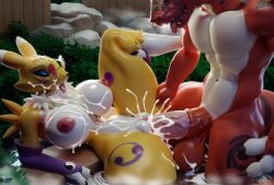 3d ai_generated anthro bathing big_ass big_balls big_breasts big_penis creamhorseai cum cum_on_body cum_on_breasts cum_on_face digimon female guilmon huge_balls huge_breasts huge_cock hyper_penis male male/female renamon