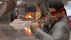 2boys 3d 3d_(artwork) 3d_model bromance bros_being_bros bubble_ass bubble_butt embarrassed friends indoor_nudity indoors johnny_cage kenshi_takahashi lean_muscle male/male mortal_kombat mortal_kombat_1_(2023) netherrealm_studios nightin_galez nude_male_clothed_male pawb playful playful_smile viewed_from_behind