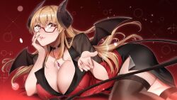 artist_request blonde_hair cleavage clothed demon_girl demon_horns demon_tail demon_wings glasses indie_virtual_youtuber large_breasts laying_on_side leggings succubus suggestive_pose tane_tenshi virtual_youtuber vtuber wings