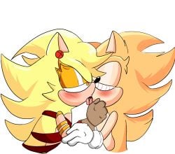 2boys ankifun blush ear_piercing fleetway_super_sonic gay kissing kissing male/male open_mouth red_eyes simple_background sonic.exe_(series) tongue tongue_kiss tongue_out white_background yellow_body yellow_fur yellow_hair yokubo_(sonic.exe)