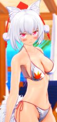 1girls 2024 3d_(artwork) armgvunasm autumn_leaves bikini headwear kemonomimi light-skinned_female mmd momiji_inubashiri mountain_of_faith red_string_bikini solo_female solo_focus swimsuit tengu touhou white_bikini white_wolf wolf_tail