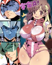 1girls 2024 4boys :d afro armor assault_visor banjou_haran black_eyes black_hair brown_eyes brown_hair cameltoe choujuu_kishin_dancouga clothed clothing cosmo_yuki cropped_jacket crossover dancouga_(series) densetsu_kyojin_ideon female female_focus fujiwara_shinobu getter_robo getter_robo_(tv) green_eyes green_hair gunbuster hair_between_eyes headband helmet highres hip_vent huge_breasts jacket japanese_text large_breasts leotard looking_at_viewer male matching_hair/eyes multiple_boys muteki_koujin_daitarn_3 nipple_bulge noriko_takaya open_mouth outdoors petitdry pink_leotard puffy_short_sleeves puffy_sleeves ryoma_nagare serious shirt short_hair sky smile space standing star starry_sky super_robot_wars super_robot_wars_f sweat sweatband sweatdrop text thick_thighs thighs tight_clothing tongue translated turtleneck turtleneck_jacket vest w_arms wide_hips wink yellow_headband