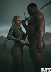 1boy 1girls 3d baldur's_gate baldur's_gate_3 big_balls big_penis clothed clothed_female_nude_male dark-skinned_male elf elf_female elf_milf fantasy female gilf handjob interracial interspecies jaheira karfex light-skinned_female light_skin looking_at_partner male mature mature_female medieval milf older_female sex size_difference sword voluptuous voluptuous_female weapon