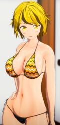 1girls 2024 3d_(artwork) armgvunasm bikini indoors light-skinned_female looking_at_viewer mmd smiling_at_viewer solo_female solo_focus swimsuit toramaru_shou touhou undefined_fantastic_object yellow_eyes yellow_hair