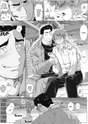 2boys age_difference bara blush chabashira_tatsukichi couple dads_friend dialogue dilf english english_text gay horny love male male_only muscular muscular_male plot romantic romantic_couple size_difference story sweat sweatdrop sweating sweaty sweaty_body text text_bubble