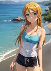 1girls 2d ai_generated aqua_eyes athletic athletic_female bare_shoulders belly big_ass blonde_hair blue_eyes chest cleavage curvy curvy_figure cute cute_face detailed dolphin_shorts eyelashes eyeshadow female female_only fit fit_female focus hair_ornament high_quality kirino_kosaka kousaka_kyousuke legs light-skinned_female light_skin lips lipstick long_hair looking_at_viewer makeup mascara mature medium_breasts midriff naked navel nero100 ore_no_imouto_ga_konna_ni_kawaii_wake_ga_nai pale-skinned_female pale_skin petite petite_body posing seductive seductive_look shorts skin_tight stable_diffusion tagme tank_top thighs young younger_female