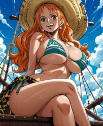 1girls ai_generated bare_arms bare_legs bare_shoulders bare_thighs big_breasts bikini bikini_bottom bikini_top blush clothed clothing color female female_focus female_only hat hi_res large_breasts light-skinned_female light_skin long_hair looking_at_viewer nami nami_(one_piece) one_piece orange_eyes orange_hair post-timeskip shounen_jump solo solo_female tagme thick_thighs water wet yashin