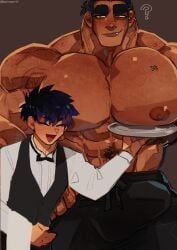 balls bara big_balls big_muscles big_penis blush bulge flaccid gay male male_only marototori muscles muscular penis plate shirtless size_difference waiter