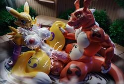 3d ai_generated anthro bathing big_ass big_balls big_breasts big_penis creamhorseai cum cum_on_body cum_on_breasts cum_on_face digimon female guilmon huge_balls huge_breasts huge_cock hyper_penis male male/female renamon