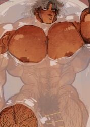 armpit_hair balls bara bathtub big_balls big_muscles big_penis blush flaccid lying_on_back male male_only marototori muscles muscular nude partially_submerged penis solo solo_male water