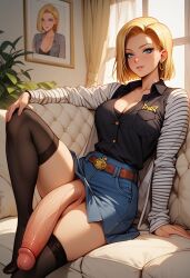 1futa ai_generated android_18 balls black_kneesocks blonde_hair blue_eyes dragon_ball dragon_ball_super dragon_ball_z earrings flaccid_penis futa_only futa_sans_pussy futanari huge_cock jeans_skirt memytus solo testicles uncut