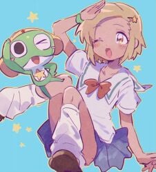 1boy angol_mois blonde_hair blush brown_eyes dark-skinned_female dark_skin female full_body keroro keroro_gunsou loose_socks mnmn0406 neck_ribbon ribbon short_sleeves socks